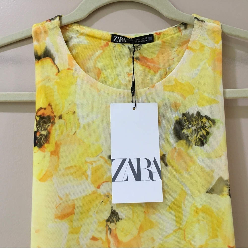 Zara maxi dress tulle floral yellow size s new - Picture 6 of 9
